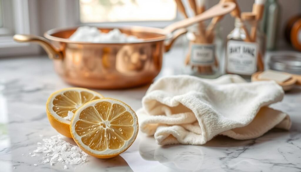 A well-lit, close-up photograph of various natural copper cleaning methods. In the foreground, a half-peeled lemon and a handful of salt crystals sit on a marble countertop. In the middle ground, a copper saucepan is being scrubbed with a soft cloth dampened with vinegar. In the background, a cluster of small scrubbing brushes and a jar of baking soda come into focus. The image conveys a sense of simplicity and effectiveness, highlighting the natural, eco-friendly tools and ingredients used to restore the shine on a copper surface.