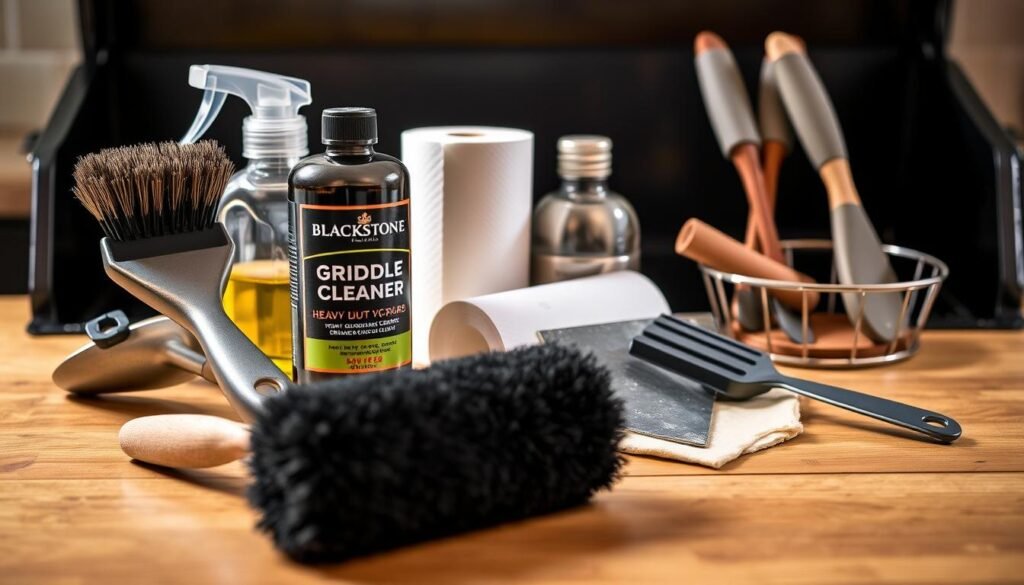 A well-lit close-up shot of a variety of Blackstone griddle cleaning supplies arranged neatly on a wooden surface. In the foreground, a stiff-bristle grill brush, a heavy-duty scrub pad, and a bottle of Blackstone's own griddle cleaner. In the middle ground, a small metal scraper, a bottle of cooking oil, and a roll of paper towels. In the background, a set of sturdy silicone basting brushes and a small metal tray for collecting scraps. The lighting casts a warm, inviting glow over the scene, highlighting the high-quality materials and the attention to detail required for proper Blackstone griddle maintenance. A well-lit close-up shot of a variety of Blackstone griddle cleaning supplies arranged neatly on a wooden surface. In the foreground, a stiff-bristle grill brush, a heavy-duty scrub pad, and a bottle of Blackstone's own griddle cleaner. In the middle ground, a small metal scraper, a bottle of cooking oil, and a roll of paper towels. In the background, a set of sturdy silicone basting brushes and a small metal tray for collecting scraps. The lighting casts a warm, inviting glow over the scene, highlighting the high-quality materials and the attention to detail required for proper Blackstone griddle maintenance.