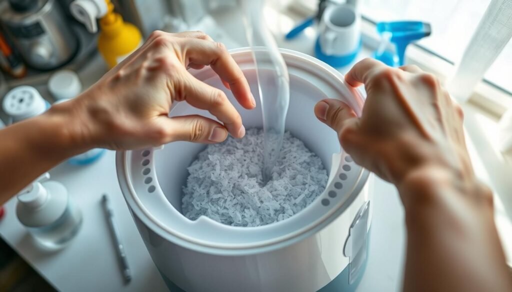 A well-lit, close-up view of a person's hands carefully cleaning the interior of a humidifier, showing the buildup of white mineral deposits from hard water. The humidifier is positioned on a clean, organized workbench with various cleaning tools and solutions nearby. The lighting casts soft shadows, highlighting the textures of the mineral deposits and the person's attentive expression. The overall scene conveys a sense of focus and attention to detail as the user takes the necessary steps to maintain their humidifier for optimal performance.