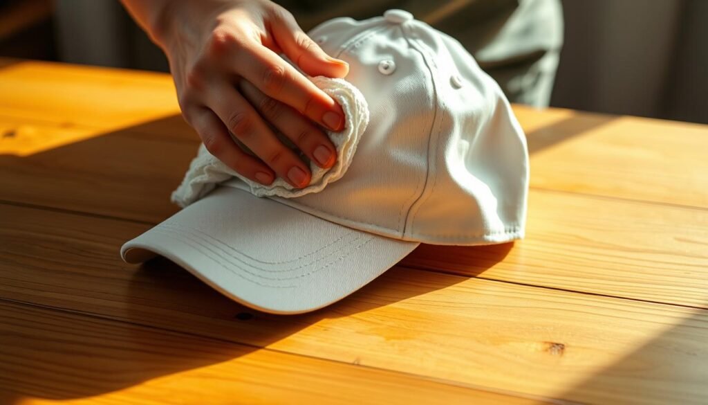 A well-lit, close-up view of a person's hands gently cleaning a white baseball cap with a soft cloth. The cap is placed on a wooden surface, with warm lighting casting a natural glow. The background is slightly blurred, creating a sense of focus on the cap-cleaning process. The image conveys a peaceful, attentive atmosphere, capturing the seasonal care and maintenance of a beloved accessory. A well-lit, close-up view of a person's hands gently cleaning a white baseball cap with a soft cloth. The cap is placed on a wooden surface, with warm lighting casting a natural glow. The background is slightly blurred, creating a sense of focus on the cap-cleaning process. The image conveys a peaceful, attentive atmosphere, capturing the seasonal care and maintenance of a beloved accessory.