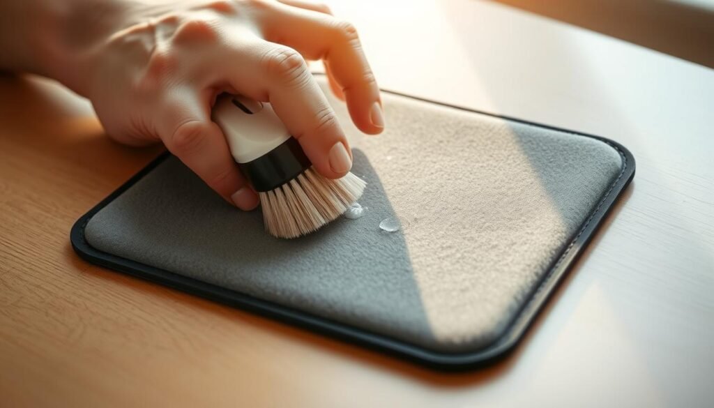 A well-lit, close-up view of a person's hands gently scrubbing a square, gray mouse pad using a soft-bristle brush. The pad is slightly discolored, indicating it needs cleaning. The background is blurred, keeping the focus on the cleaning process. Warm, natural lighting casts a soft glow, creating a calming, instructive atmosphere. The composition emphasizes the act of maintaining the mouse pad, conveying the importance of regular upkeep for optimal performance and longevity.