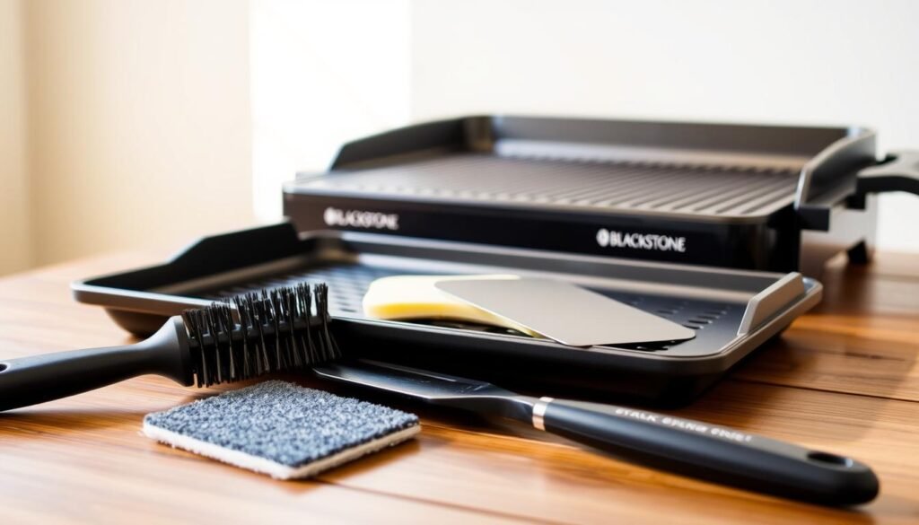 A well-lit, closeup view of a Blackstone griddle accessory cleaning setup on a wooden surface. In the foreground, a selection of cleaning tools including a stiff-bristled brush, a scouring pad, and a scraper. In the middle ground, the griddle components such as the grease tray and the removable cooking surface, arranged neatly. The background features a neutral, uncluttered environment to focus attention on the cleaning process. The lighting is natural and diffused, creating a warm, inviting atmosphere. The overall composition emphasizes the importance of properly maintaining and cleaning Blackstone griddle accessories for optimal performance and longevity. A well-lit, closeup view of a Blackstone griddle accessory cleaning setup on a wooden surface. In the foreground, a selection of cleaning tools including a stiff-bristled brush, a scouring pad, and a scraper. In the middle ground, the griddle components such as the grease tray and the removable cooking surface, arranged neatly. The background features a neutral, uncluttered environment to focus attention on the cleaning process. The lighting is natural and diffused, creating a warm, inviting atmosphere. The overall composition emphasizes the importance of properly maintaining and cleaning Blackstone griddle accessories for optimal performance and longevity.