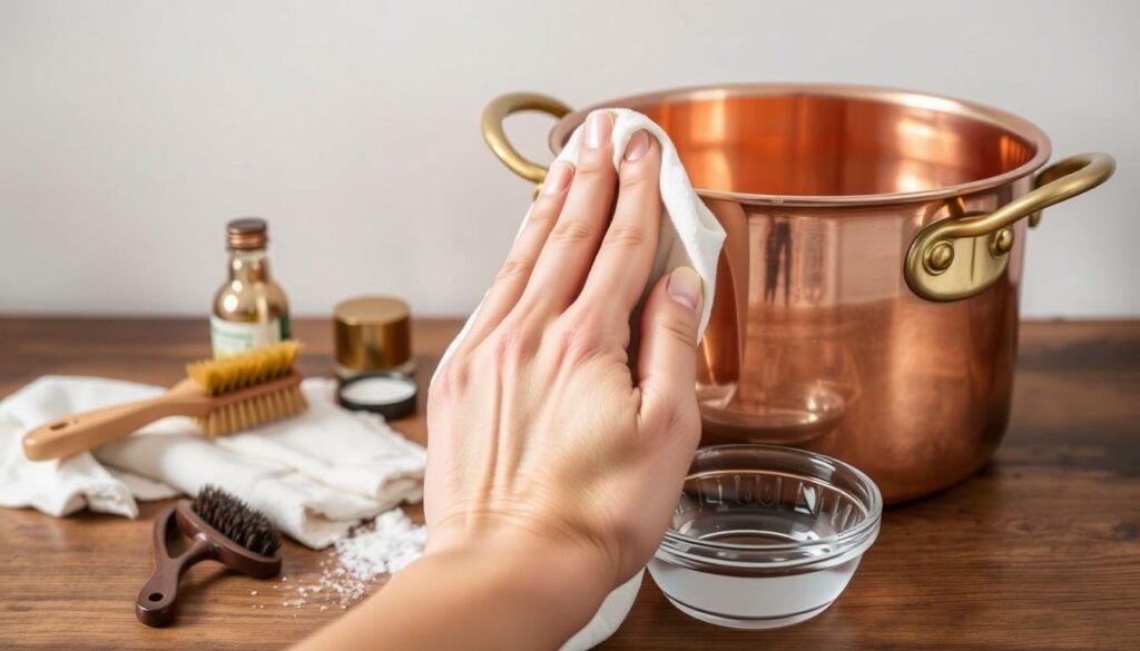 A well-lit copper pot sits on a wooden surface, surrounded by cleaning supplies. In the foreground, a hand holds a soft cloth dipped in a copper-cleaning solution, gently buffing the pot's surface. The middle ground shows various tools - a brass brush, a copper polishing paste, and a small bowl of water. The background features a neutral, uncluttered wall, allowing the copper's warm tones to take center stage. The lighting is soft and diffused, creating a serene, focused atmosphere ideal for illustrating a step-by-step copper cleaning process.