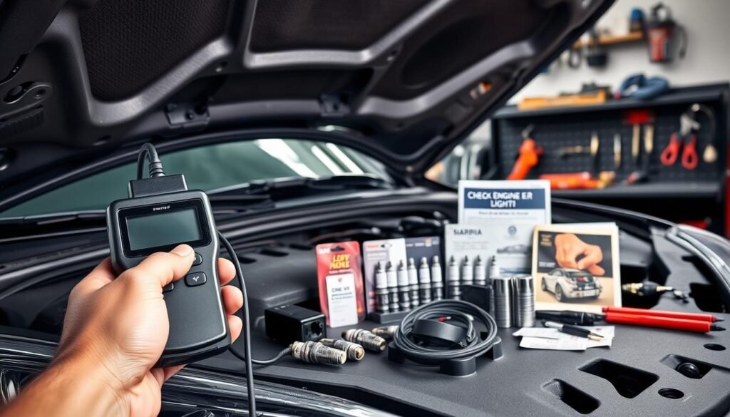 A well-lit, detailed garage interior with an open car hood, showcasing various preventive maintenance tools and components. In the foreground, a hand holding a diagnostic scanner is connected to the vehicle's OBD-II port. The middle ground features an array of common check engine light-related items such as replacement sensors, spark plugs, and a repair manual. The background subtly depicts a workbench with organized tools, conveying a sense of proactivity and problem-solving. The overall mood is one of diligence and preparation, encouraging the viewer to take a preventive approach to addressing check engine light issues.