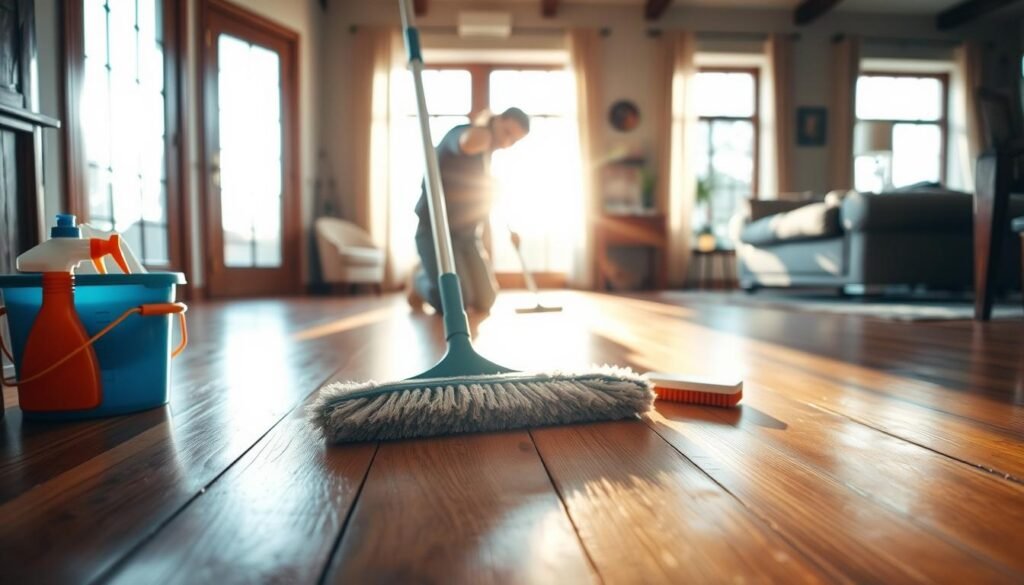 A well-lit hardwood floor, dust mop in hand, ready to sweep away dirt and debris. Sunlight streams through large windows, illuminating the scene with a warm glow. In the foreground, a collection of cleaning supplies - a bucket, floor cleaner, and scrubbing brushes - neatly arranged, signaling the preparation to deep clean the surface. The middle ground features a partially visible worker, kneeling down, poised to begin the cleaning process. The background showcases the rest of the room, with furniture and decor hinting at the larger context. A sense of anticipation and attention to detail permeates the atmosphere, setting the stage for a thorough and effective wood floor cleaning.