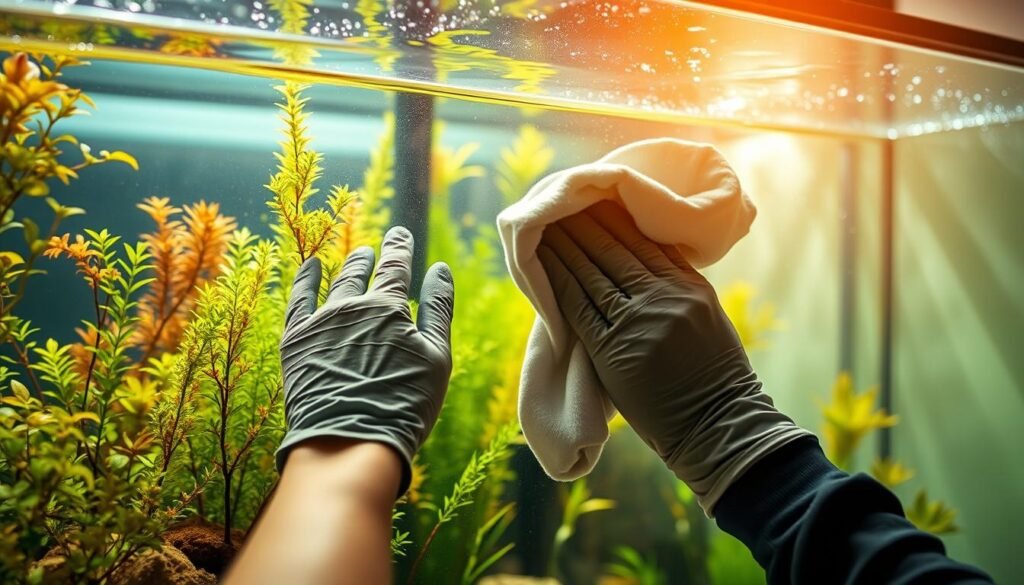 A well-lit, high-angle photograph of a person using a clean, soft cloth to wipe down the glass walls of a freshwater fish tank, with a lush, planted aquascape visible inside. The person is wearing protective gloves and is carefully removing any algae or mineral deposits, creating a crystal-clear view into the thriving underwater ecosystem. Warm, natural lighting illuminates the scene, highlighting the person's focused expression and the sparkling, streak-free glass. The overall mood is one of methodical, meticulous care for the aquarium environment.