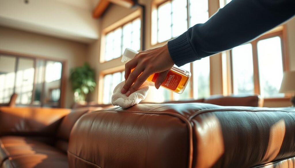 A well-lit, high-quality interior scene of a person meticulously cleaning a classic brown leather sofa. The couch is the focal point, with the person's hands gently wiping the leather using a soft cloth and leather cleaner. The room has a warm, inviting atmosphere with natural light streaming in from large windows, casting a soft glow on the scene. The background is slightly blurred, emphasizing the attention to detail in the cleaning process. The image conveys a sense of care and diligence in maintaining the couch's pristine condition.