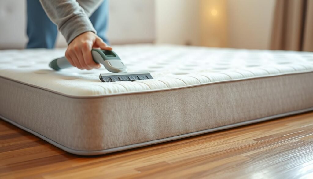 A well-lit, high-quality photograph of a person's hands deep cleaning the surface of a memory foam mattress. The person is using a specialized mattress cleaning tool, gently scrubbing and buffing the mattress to remove dirt, dust, and debris. The mattress is positioned on a clean, hardwood floor, with a soft, warm lighting illuminating the scene. The background is blurred, allowing the viewer to focus on the detailed cleaning process. The overall image conveys a sense of care, attention, and the importance of properly maintaining a memory foam mattress for a fresh, rejuvenated sleeping experience.