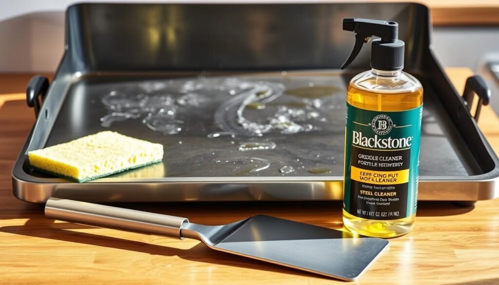 A well-lit, high-resolution close-up of a steel Blackstone griddle resting on a clean, wooden kitchen counter. The griddle surface is covered in a light layer of cooking oil, ready for thorough scrubbing. In the foreground, a sponge, a steel griddle scraper, and a bottle of Blackstone-branded griddle cleaner are neatly arranged, conveying a sense of preparedness. The lighting is natural and soft, creating a warm, inviting atmosphere, highlighting the gleaming metal surface and the tools' tactile details. The overall composition emphasizes the importance of properly preparing the griddle for a deep clean, setting the stage for the step-by-step guide. A well-lit, high-resolution close-up of a steel Blackstone griddle resting on a clean, wooden kitchen counter. The griddle surface is covered in a light layer of cooking oil, ready for thorough scrubbing. In the foreground, a sponge, a steel griddle scraper, and a bottle of Blackstone-branded griddle cleaner are neatly arranged, conveying a sense of preparedness. The lighting is natural and soft, creating a warm, inviting atmosphere, highlighting the gleaming metal surface and the tools' tactile details. The overall composition emphasizes the importance of properly preparing the griddle for a deep clean, setting the stage for the step-by-step guide.