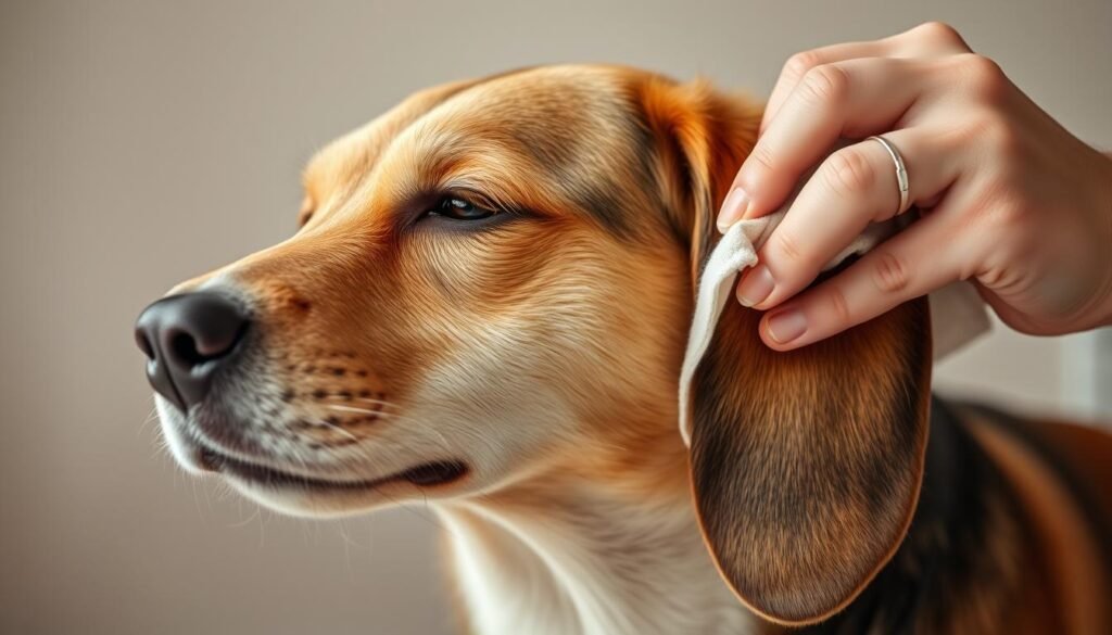 A well-lit, high-resolution close-up photograph of a person gently cleaning the long, floppy ears of a relaxed, cooperative dog. The dog's face is in focus, revealing a calm, contented expression as the person delicately wipes the inner ear with a soft, damp cloth. The lighting is soft and diffused, creating a warm, soothing atmosphere. The background is blurred, placing the viewer's attention solely on the interaction between the person and the dog. The composition is balanced and aesthetically pleasing, capturing the care and attention required to properly clean a dog's long, sensitive ears.