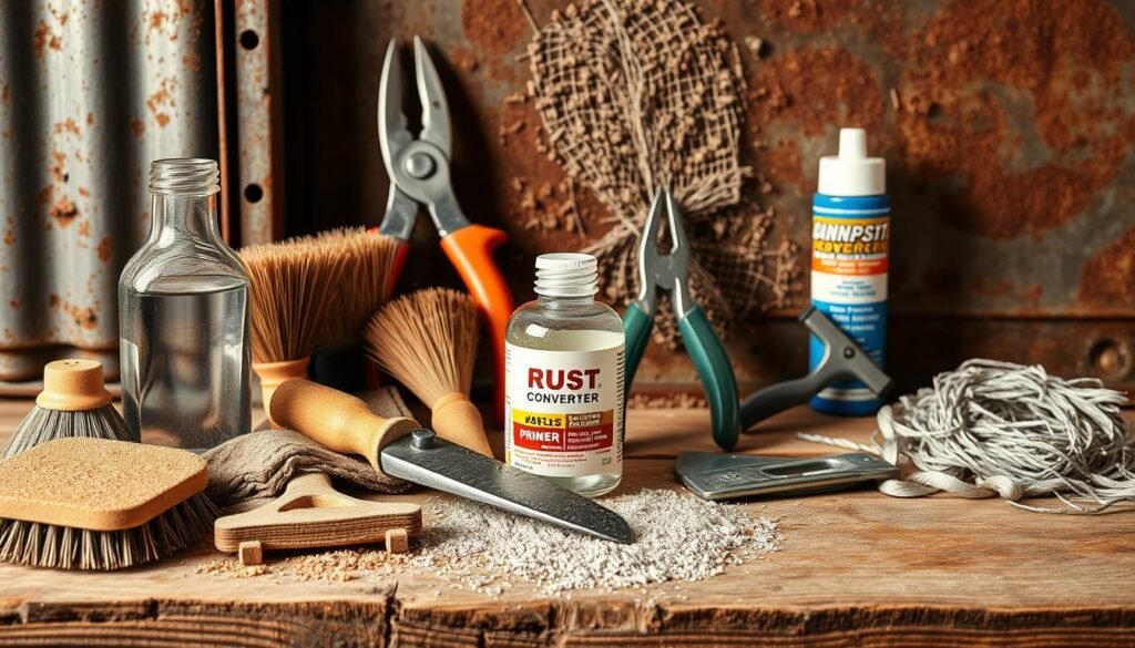 A well-lit, high-resolution, detailed still life composition of an assortment of rust removal tools arranged on a rustic wooden surface. In the foreground, a selection of steel wire brushes, sandpaper, and a rust converter solution in a glass bottle. In the middle ground, a set of pliers, a scraper, and a rust-inhibiting primer. In the background, a mist of fine steel wool and a rust-stained metal surface, conveying a sense of the challenge and transformation at hand. Warm lighting from above casts dramatic shadows, heightening the textures and materials. The overall mood is one of utility, problem-solving, and the satisfying restoration of weathered metal.