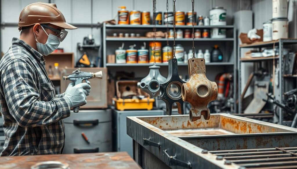 A well-lit industrial workshop with various metal tools, equipment, and surfaces. In the foreground, a worker is applying a rust-inhibiting primer to a metal surface using a spray gun, wearing protective gear. In the middle ground, several metal parts are suspended, being dipped in an anti-corrosion solution. In the background, shelves display cans of rust-preventative coatings, solvents, and other rust-proofing supplies. The scene conveys a sense of diligence and attention to detail in maintaining metal surfaces.
