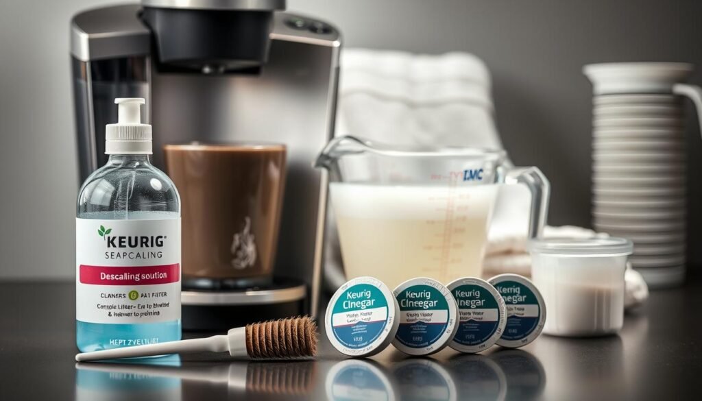 A well-lit, meticulously arranged tabletop scene featuring a assortment of Keurig cleaning supplies. In the foreground, a Keurig descaling solution bottle, a small brush, and a pack of Keurig cleaning k-cups. In the middle ground, a Keurig machine and a glass measuring cup filled with white vinegar. In the background, a clean, white towel and a Keurig water filter. The lighting is soft and diffused, creating a clean, professional atmosphere. The composition is balanced and the items are positioned to showcase their purpose and functionality in cleaning a Keurig machine.