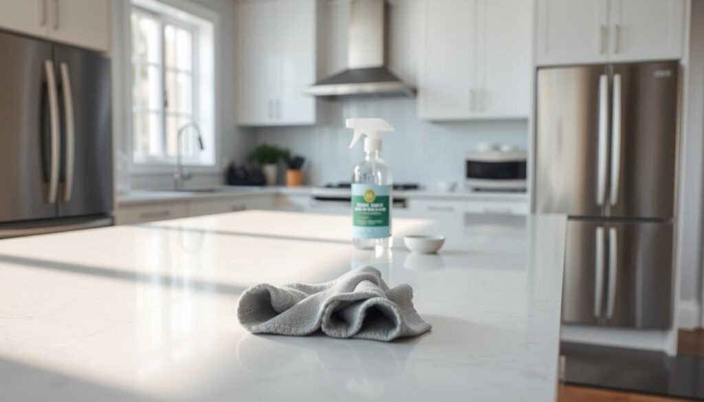 A well-lit quartz countertop in a modern, minimalist kitchen. The surface gleams with a pristine, mirror-like finish, reflecting the soft natural light from nearby windows. In the foreground, a microfiber cloth rests on the counter, ready to gently wipe away any smudges or fingerprints. The middle ground features a bottle of specialized quartz cleaner and a small dish of baking soda, the go-to natural ingredients for maintaining the countertop's luster. The background showcases the sleek, contemporary cabinetry and appliances, setting the scene for a peaceful, elegant kitchen space. The overall mood is one of effortless, understated sophistication, highlighting the timeless beauty and easy care of the quartz surface.