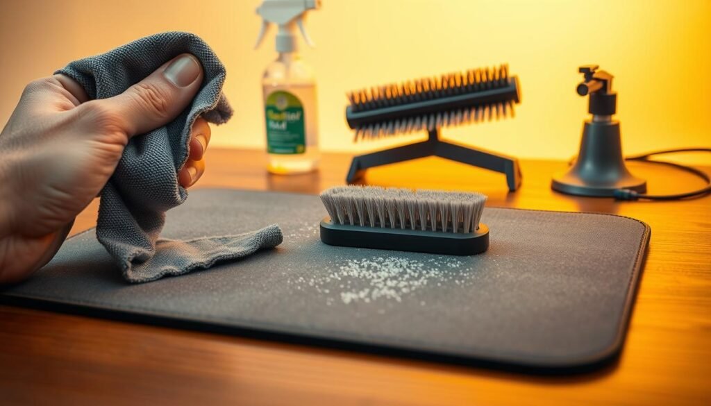 A well-lit studio scene showcasing various mousepad cleaning techniques. In the foreground, a hand holds a microfiber cloth gently wiping the surface of a clean, gray mousepad. In the middle ground, a soft-bristled brush lightly sweeps across the pad, dislodging dust particles. The background displays an array of cleaning supplies, including a spray bottle of specialized pad cleaner and a small vacuum nozzle, creating a comprehensive maintenance setup. The lighting is warm and even, highlighting the textures and colors, conveying a sense of care and diligence in properly maintaining the mousepad. A well-lit studio scene showcasing various mousepad cleaning techniques. In the foreground, a hand holds a microfiber cloth gently wiping the surface of a clean, gray mousepad. In the middle ground, a soft-bristled brush lightly sweeps across the pad, dislodging dust particles. The background displays an array of cleaning supplies, including a spray bottle of specialized pad cleaner and a small vacuum nozzle, creating a comprehensive maintenance setup. The lighting is warm and even, highlighting the textures and colors, conveying a sense of care and diligence in properly maintaining the mousepad.