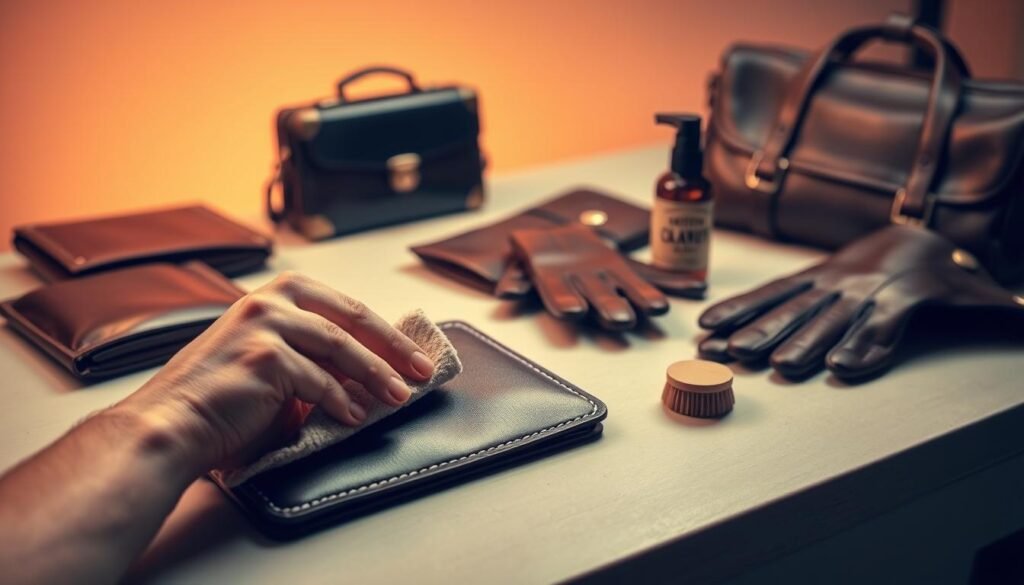 A well-lit studio scene with a table displaying various leather accessories - a wallet, a briefcase, and a pair of gloves. In the foreground, a skilled hand gently wipes a soft cloth over the leather surface, buffing and conditioning it to a rich, lustrous sheen. In the middle ground, an array of leather care products - polish, conditioner, and a small brush - are neatly arranged, ready for use. The background features a subtle gradient, allowing the leather goods to take center stage. The lighting is warm and diffused, creating a sense of care and attention to detail. The overall mood is one of thoughtful, methodical restoration, capturing the essence of reviving the beauty and longevity of cherished leather possessions. A well-lit studio scene with a table displaying various leather accessories - a wallet, a briefcase, and a pair of gloves. In the foreground, a skilled hand gently wipes a soft cloth over the leather surface, buffing and conditioning it to a rich, lustrous sheen. In the middle ground, an array of leather care products - polish, conditioner, and a small brush - are neatly arranged, ready for use. The background features a subtle gradient, allowing the leather goods to take center stage. The lighting is warm and diffused, creating a sense of care and attention to detail. The overall mood is one of thoughtful, methodical restoration, capturing the essence of reviving the beauty and longevity of cherished leather possessions.