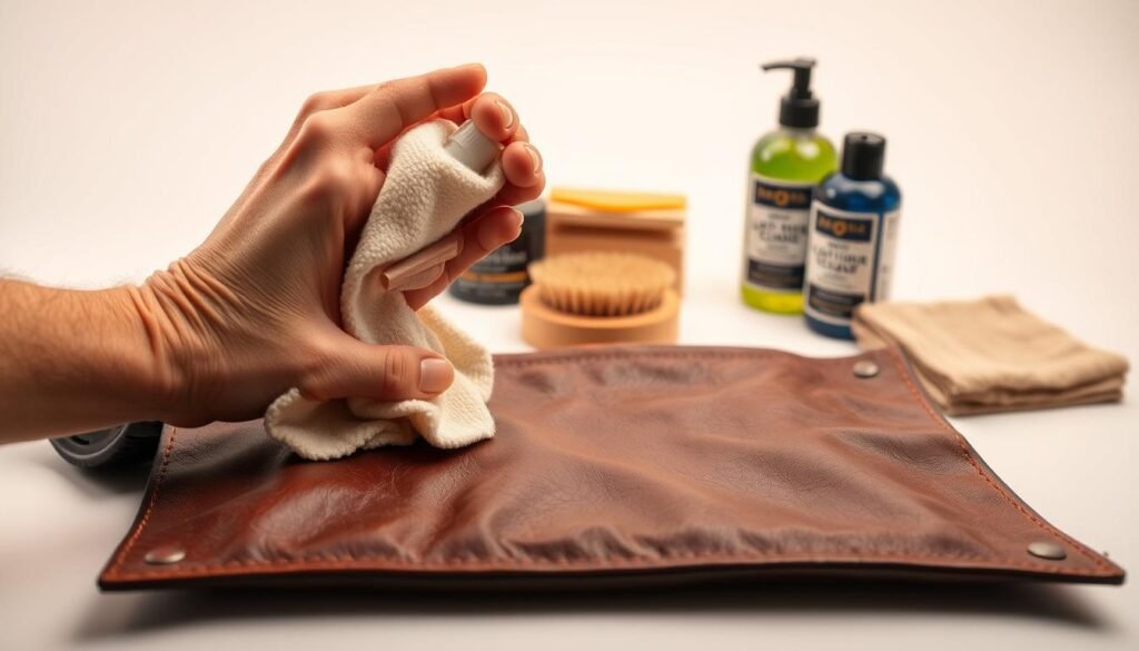 A well-lit studio setting showcasing the leather cleaning process. In the foreground, a skilled hand gently applies a specialized leather cleaner to a worn but high-quality leather item, using a soft, lint-free cloth. In the middle ground, various leather cleaning tools and products are neatly arranged, including a soft-bristled brush, a leather conditioner, and a buffing cloth. The background features a clean, minimalist backdrop, highlighting the focus on the meticulous cleaning technique. The lighting is soft and even, casting a warm glow on the leather surface, emphasizing its natural texture and luster. An atmosphere of care, attention to detail, and restoration pervades the scene. A well-lit studio setting showcasing the leather cleaning process. In the foreground, a skilled hand gently applies a specialized leather cleaner to a worn but high-quality leather item, using a soft, lint-free cloth. In the middle ground, various leather cleaning tools and products are neatly arranged, including a soft-bristled brush, a leather conditioner, and a buffing cloth. The background features a clean, minimalist backdrop, highlighting the focus on the meticulous cleaning technique. The lighting is soft and even, casting a warm glow on the leather surface, emphasizing its natural texture and luster. An atmosphere of care, attention to detail, and restoration pervades the scene.