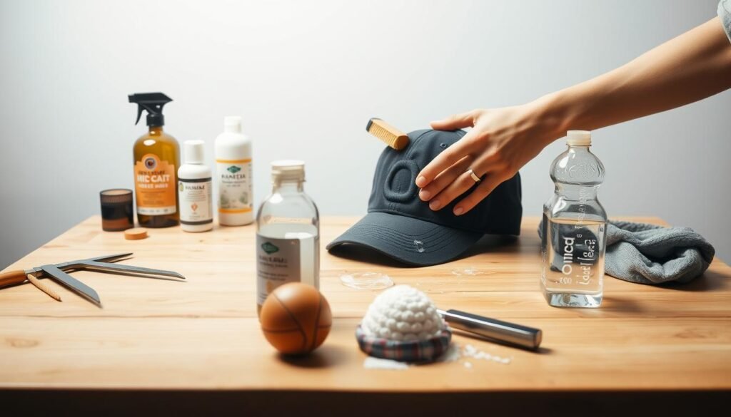 A well-lit studio setting with a wooden table in the foreground, on which various baseball cap cleaning tools and products are neatly arranged. In the middle ground, a person's hands gently scrubbing a baseball cap with a soft-bristle brush and mild detergent solution. The background features a plain white wall, creating a clean, minimalist atmosphere that emphasizes the focus on the cap cleaning process. Soft, directional lighting illuminates the scene, casting subtle shadows and highlighting the textures of the materials. The overall mood is one of attention to detail and a systematic, step-by-step approach to restoring the freshness of a beloved baseball cap. A well-lit studio setting with a wooden table in the foreground, on which various baseball cap cleaning tools and products are neatly arranged. In the middle ground, a person's hands gently scrubbing a baseball cap with a soft-bristle brush and mild detergent solution. The background features a plain white wall, creating a clean, minimalist atmosphere that emphasizes the focus on the cap cleaning process. Soft, directional lighting illuminates the scene, casting subtle shadows and highlighting the textures of the materials. The overall mood is one of attention to detail and a systematic, step-by-step approach to restoring the freshness of a beloved baseball cap.