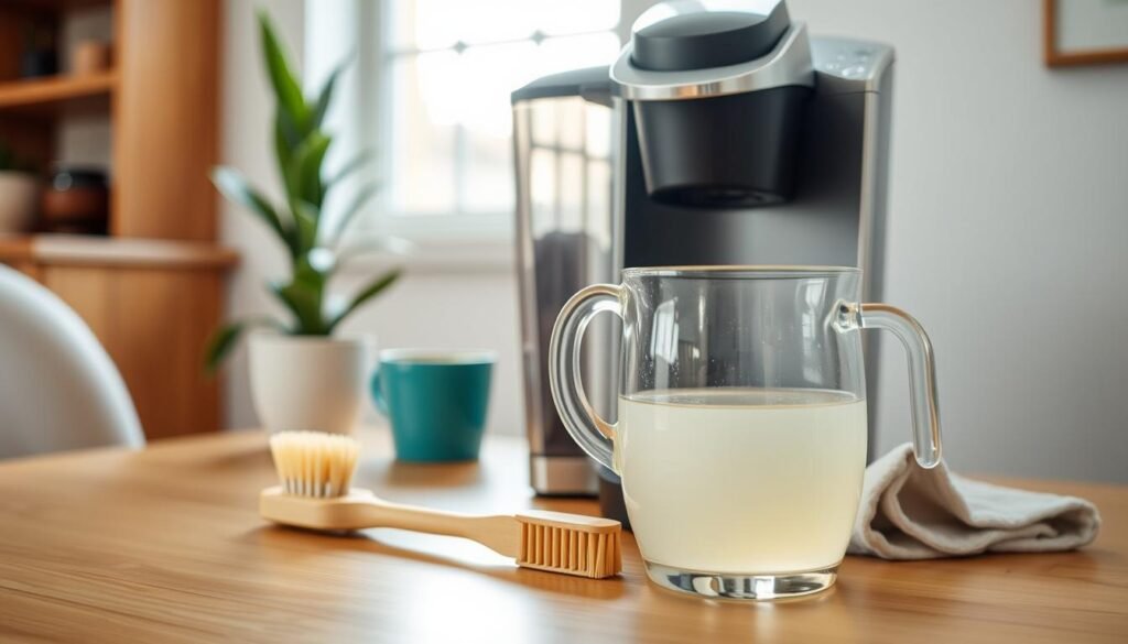 A well-organized Keurig coffee machine, its components neatly arranged on a clean, wooden table. Soft, natural lighting from a nearby window illuminates the scene. In the foreground, a glass pitcher filled with a clear, vinegar-based cleaning solution. Beside it, a small brush and a soft cloth, ready to tackle the machine's inner workings. The middle ground features the Keurig itself, its sleek, chrome exterior shining, hinting at the thorough cleaning it's about to undergo. In the background, a potted plant and a few simple, decorative elements create a serene, domestic atmosphere, emphasizing the importance of regular Keurig maintenance.