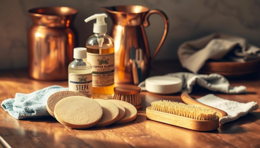 A well-organized collection of copper cleaning tools rests on a wooden table, illuminated by warm, directional lighting. In the foreground, a polishing cloth, copper scrubbing pads, and a brass-bristle brush stand ready. In the middle ground, a copper cleaning solution and a soft cloth for buffing are neatly arranged. The background features a vintage copper pitcher and a few spare rags, hinting at the time-honored tradition of copper maintenance. The overall scene conveys a sense of care and attention to detail, perfectly suited for illustrating the "Essential Tools for Copper Cleaning" section.