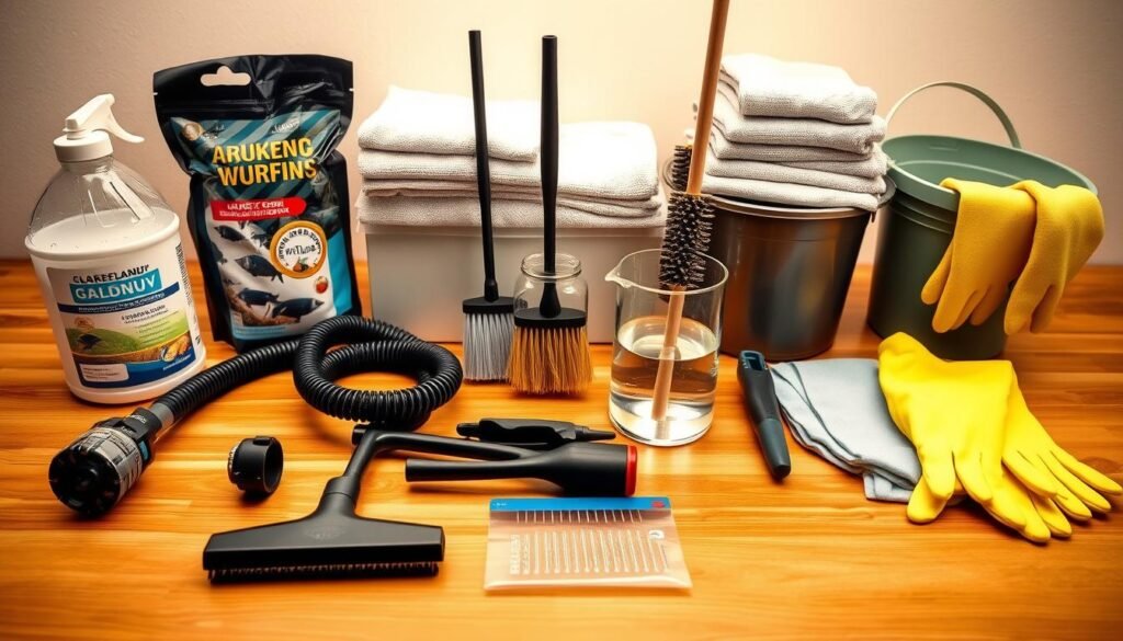 A well-organized collection of fish tank cleaning supplies arranged on a wooden surface. In the foreground, a gravel vacuum, siphon hose, and algae scraper lay neatly alongside a bottle of water conditioner and a package of filter media. In the middle ground, a pair of long-handled aquarium brushes and a magnetic algae cleaner stand upright, their reflections visible in the glass of a nearby beaker filled with cleaning solution. The background features a stack of fresh microfiber cloths, a small bucket, and a pair of sturdy rubber gloves, all bathed in warm, diffused lighting that creates a sense of order and preparedness.
