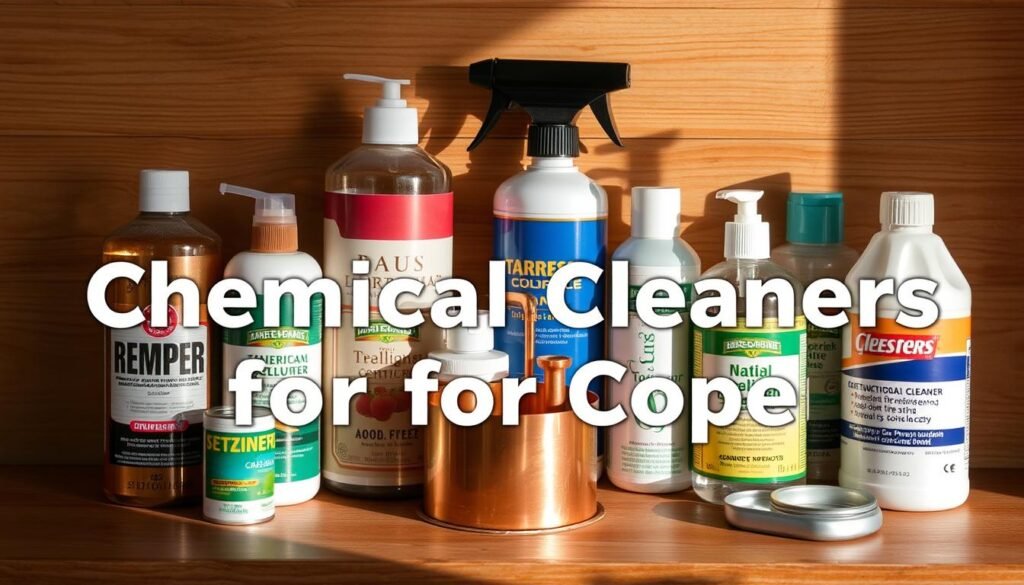 A well-organized display of copper cleaning chemicals, including metal polish, tarnish remover, and degreasing agents. The items are arranged neatly on a wooden surface, with a neutral background that emphasizes the products. Warm, natural lighting casts gentle shadows, creating depth and dimension. The overall composition conveys a sense of practicality and efficiency, reflecting the subject matter of "Chemical Cleaners for Copper" and the article's focus on making copper cleaning easy and effective.