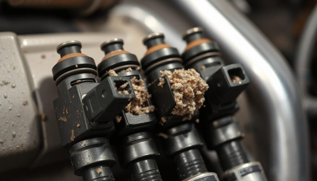 Clogged fuel injectors, a close-up view under harsh, directional lighting, showcasing the obstructed fuel nozzles and accumulated deposits. The injectors are set against a clean, mechanical background, allowing the problematic areas to be the focal point. The image conveys the technical nature of the issue, with a sense of urgency and the need for maintenance. The lighting and angle highlight the intricate details of the injector components, emphasizing the importance of proper cleaning and maintenance to restore optimal engine performance.