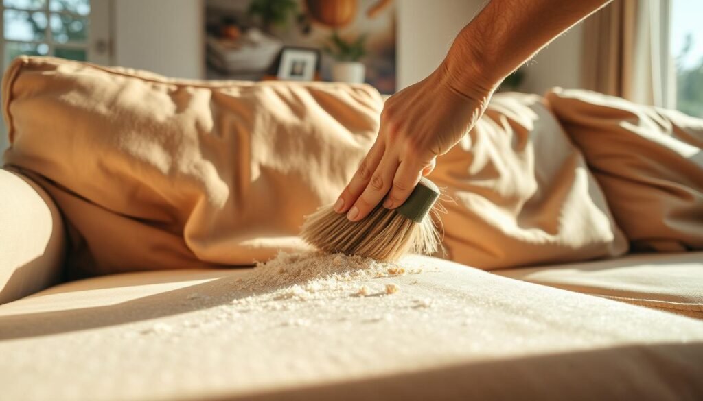 Couch Cleaning: A Detailed Scene A couch sits in a bright, airy living room, sunlight streaming through large windows. The cushions are slightly rumpled, and a few stray crumbs and pet hair litter the surface. In the foreground, a person's hand gently brushes across the cushions, revealing the plush fabric underneath as they meticulously remove the accumulated dust and debris. The room is bathed in a warm, natural light, creating a sense of cleanliness and calm. The camera angle is close, focused on the couch and the cleaning process, capturing the textures and details of the fabric and the person's hands in motion. The overall mood is one of a simple, yet satisfying, household task being carried out with care and attention to detail.