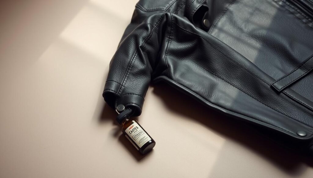 Detailed close-up of a well-worn leather jacket laid flat on a clean, neutral-toned surface. The jacket is subtly illuminated from the side, casting soft shadows that accentuate the texture and grain of the material. In the foreground, a small leather care product such as a conditioner or protectant is placed beside the jacket, suggesting the act of maintenance and preservation. The background is uncluttered, allowing the viewer to focus on the jacket and the associated grooming tools. The overall mood is one of careful attention and respect for the craftsmanship of the garment. Detailed close-up of a well-worn leather jacket laid flat on a clean, neutral-toned surface. The jacket is subtly illuminated from the side, casting soft shadows that accentuate the texture and grain of the material. In the foreground, a small leather care product such as a conditioner or protectant is placed beside the jacket, suggesting the act of maintenance and preservation. The background is uncluttered, allowing the viewer to focus on the jacket and the associated grooming tools. The overall mood is one of careful attention and respect for the craftsmanship of the garment.