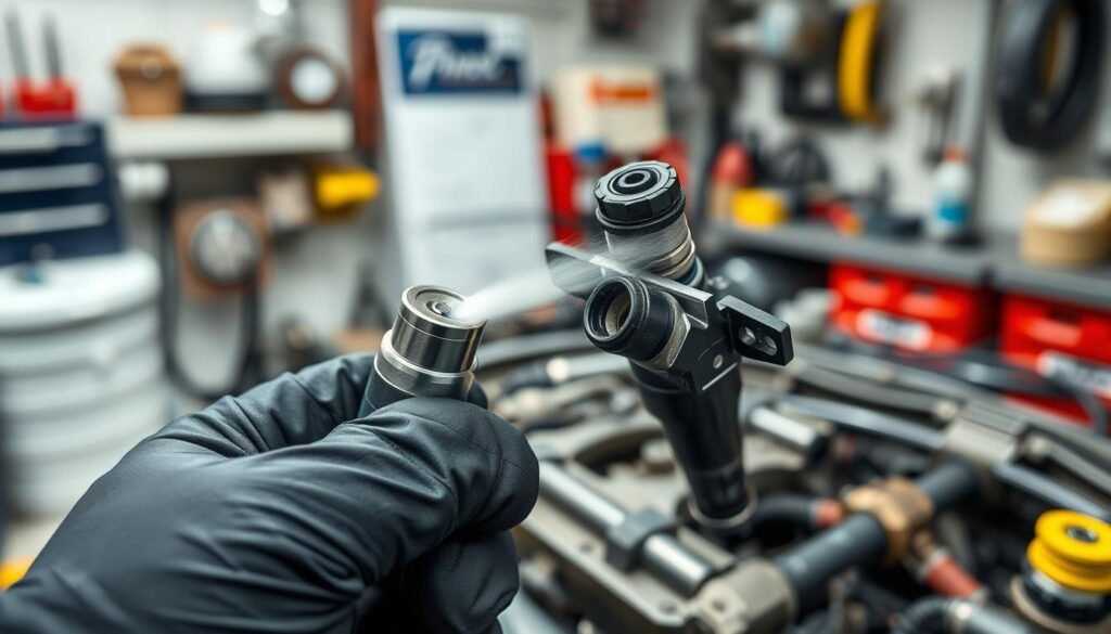 Detailed close-up view of a fuel injector cleaning process. In the foreground, a mechanic's gloved hand holds a fuel injector nozzle, with a high-pressure cleaning solvent spraying from the tip. The middle ground shows the fuel injector disassembled, its inner workings visible. The background depicts a clean, well-lit workshop environment, with various tools and equipment surrounding the process. Crisp, high-resolution imaging with a shallow depth of field, highlighting the intricate technical details of the fuel injector cleaning.