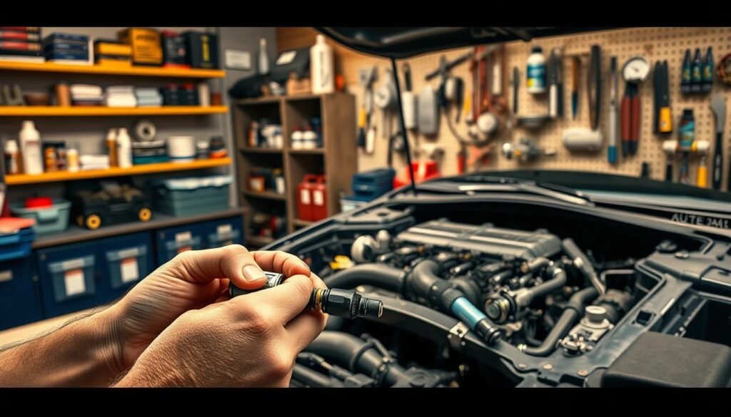 Detailed workshop scene showcasing DIY fuel injector cleaning. In the foreground, a mechanic's hands carefully disassembling a fuel injector on a clean workbench, surrounded by tools. In the middle ground, a well-lit engine bay with the fuel rail and injectors exposed, ready for maintenance. The background features shelves with automotive parts and a pegboard wall displaying cleaning supplies, lubricants, and other maintenance equipment. Warm, directional lighting illuminates the scene, casting dramatic shadows and highlighting the intricate components. The overall mood is one of focused, hands-on DIY car repair.