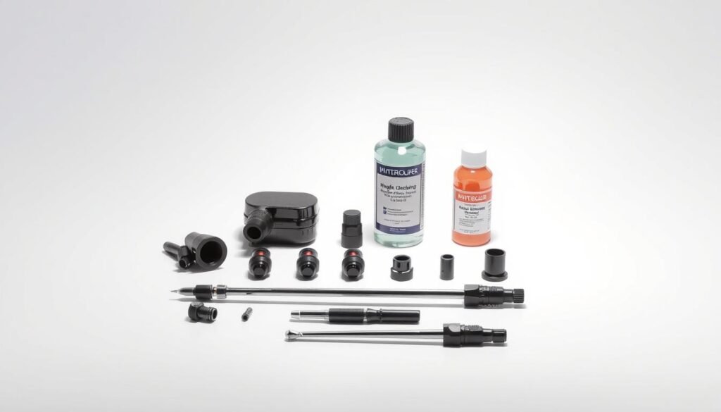 High-resolution photograph of a professional fuel injector cleaning kit, shot with a high-quality DSLR camera under bright, evenly diffused lighting. The kit is placed on a clean, white background, with a slight shadow underneath to give depth and dimension. The kit includes a specialized cleaning tool, various adapters, and a bottle of cleaning solvent, all arranged neatly and displayed prominently. The overall composition is well-balanced, highlighting the key components of the kit in a clear, informative manner.