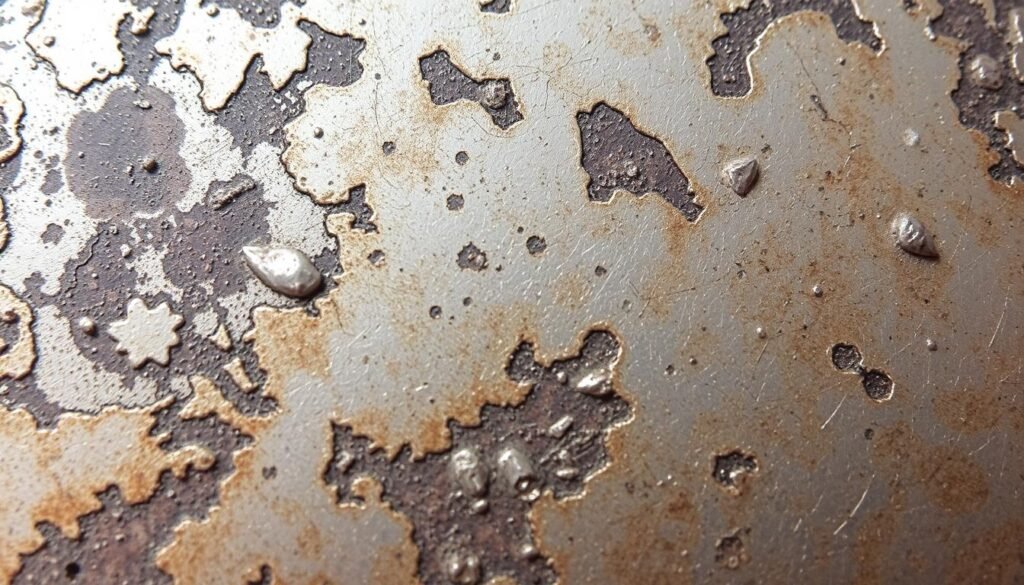 Intricate patterns of discoloration and oxidation covering the surface of a sterling silver object, showcasing the characteristic tarnish that develops over time. The metal appears dull and tarnished, with irregular splotches and streaks of darkened areas contrasting against the remaining shiny, untarnished portions. The lighting casts subtle shadows, emphasizing the textural details and the uneven deterioration of the silver's finish. The overall impression conveys the natural aging process and the need for proper maintenance and cleaning of sterling silver jewelry.