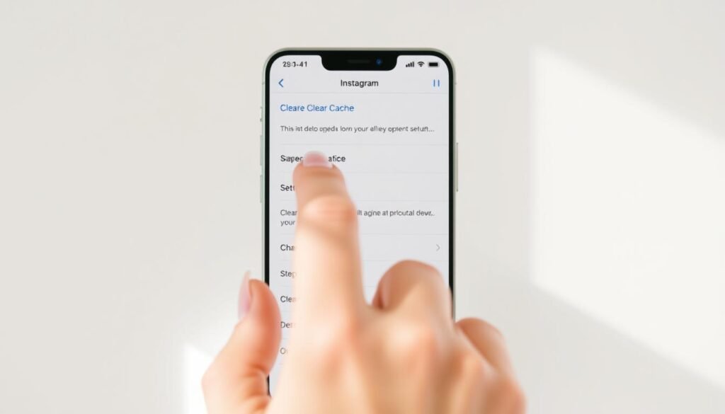Pristine iOS device screen with a subtle gradient backdrop, showcasing a series of intuitive steps to clear the Instagram cache. In the foreground, a hand gently taps the Settings app icon, leading the viewer through the clear cache process. Soft, natural lighting illuminates the scene, creating a sense of simplicity and ease. The composition is clean and uncluttered, allowing the user interface elements to take center stage. The overall mood is one of efficiency and control, empowering the viewer to take charge of their Instagram experience.