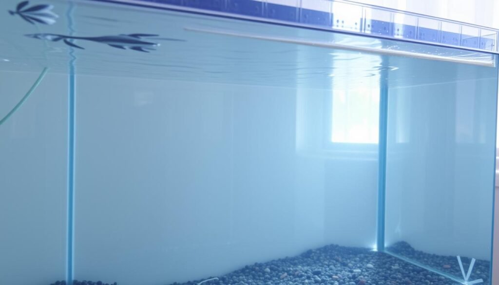 a clean and well-maintained fish tank, with freshly changed crystal-clear water reflecting the surrounding environment. the tank is partially filled with water, creating a dynamic, realistic scene. the water surface is calm and undisturbed, allowing for a clear view of the submerged decorations and substrate. natural lighting from a nearby window casts gentle shadows and highlights the tank's contents. the scene conveys a serene, rejuvenated atmosphere, ready for the introduction of healthy, vibrant fish.