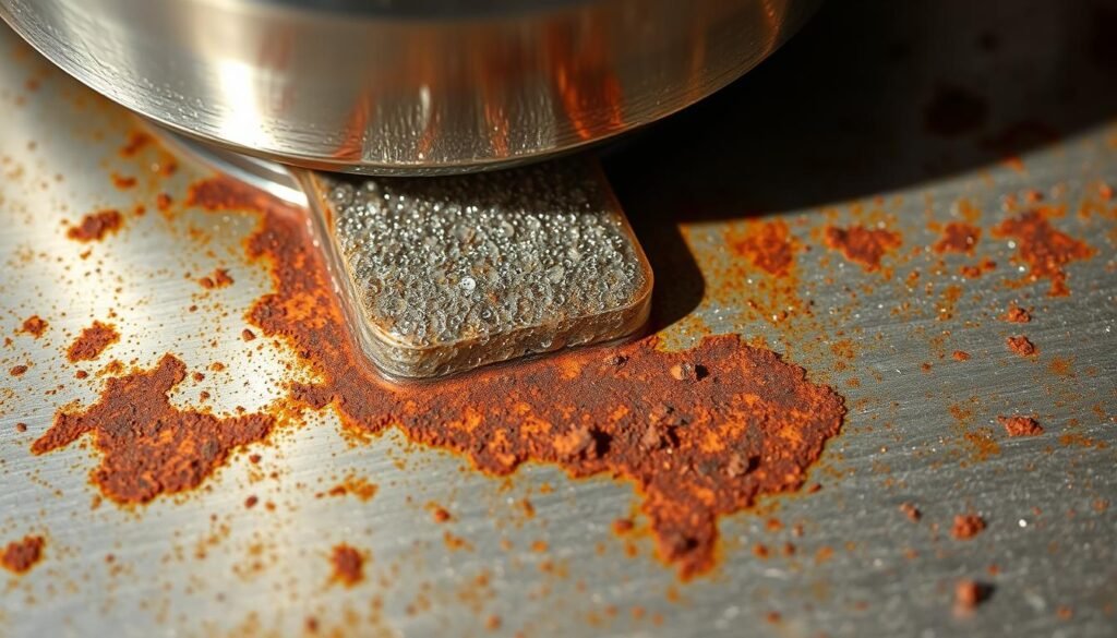a close-up view of a metal surface undergoing chemical rust removal, with a stainless steel bowl filled with a clear, bubbling chemical solution gently lapping against the rusted metal. The surface is illuminated by soft, diffused lighting, casting subtle shadows that highlight the textural contrast between the eroding rust and the underlying metal. The scene has a serene, laboratory-like atmosphere, conveying the precise, methodical process of using chemical treatments to effectively dissolve and remove stubborn rust deposits.
