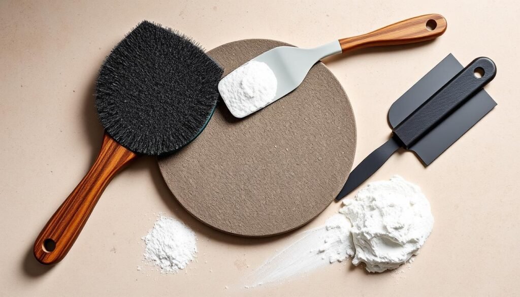 a detailed high-resolution photograph of several pizza stone cleaning tools arranged on a neutral background, showcasing a variety of implements including a stiff-bristle brush, a scrubbing pad, a plastic spatula, a pizza stone scraper, and a cleaning powder, all lit by natural daylight and shot at a slight angle to highlight the textures and materials of the tools
