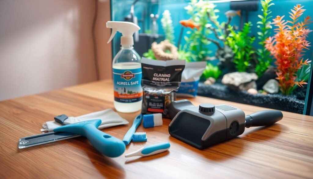 a well-lit, high-angle shot of a wooden table or countertop, showcasing an array of fish tank cleaning supplies. in the foreground, a glass scraper, a toothbrush, and a small gravel vacuum lie neatly arranged. in the middle ground, a bottle of aquarium-safe cleaning solution, a pack of filter media, and a pair of aquarium-safe gloves are displayed. in the background, a large fish tank with crystal-clear water and lush, vibrant aquatic plants can be seen, hinting at the clean and healthy environment that these supplies will help maintain. the lighting is soft and even, creating a calm and organized atmosphere, perfectly suited for the "preparing for the cleaning process" section of the article.