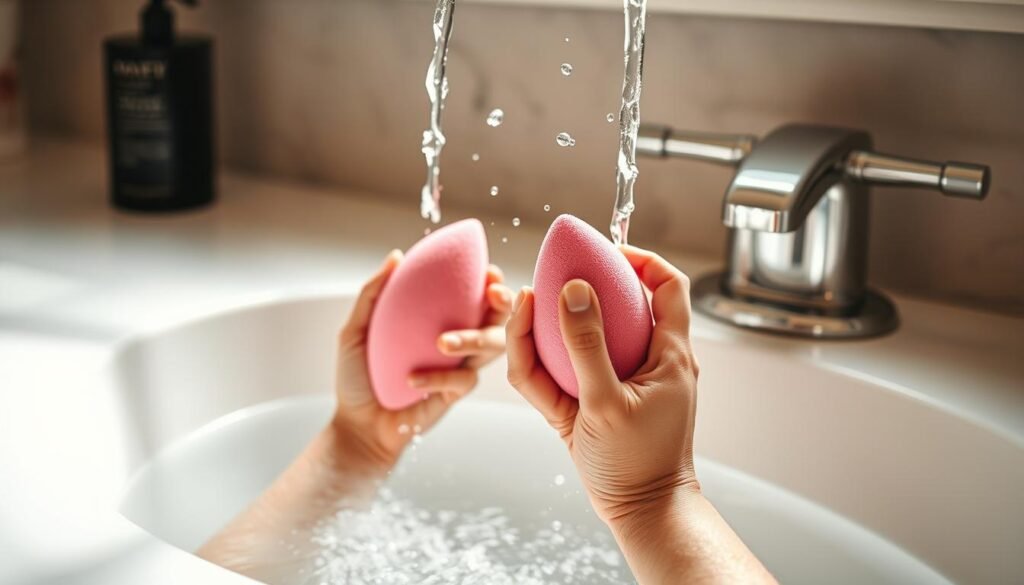 A bathroom counter with a sink filled with warm water, where two makeup sponges are being gently rinsed. The sponges are held under the stream of water, being squeezed and swirled to release the makeup and dirt. Soft, diffused lighting from overhead illuminates the scene, casting a warm, calm atmosphere. The sponges are the focal point, with the countertop and sink fading into a softly blurred background. Attention to detail, such as the texture of the sponges and the droplets of water, creates a realistic and visually appealing image to illustrate the step-by-step process of cleaning makeup sponges.