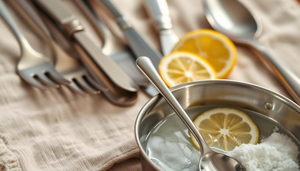 A beautifully lit close-up image of an assortment of silverware, including forks, knives, and spoons, arranged neatly on a soft, textured cloth or surface. The silverware is slightly tarnished, showcasing the need for cleaning. In the foreground, a stainless steel bowl filled with a gentle cleaning solution, surrounded by natural elements like lemon slices or baking soda. The middle ground features a soft-focus background, highlighting the importance of the cleaning process. The lighting is warm and diffused, creating a calming, informative atmosphere suitable for a troubleshooting guide on silverware cleaning.