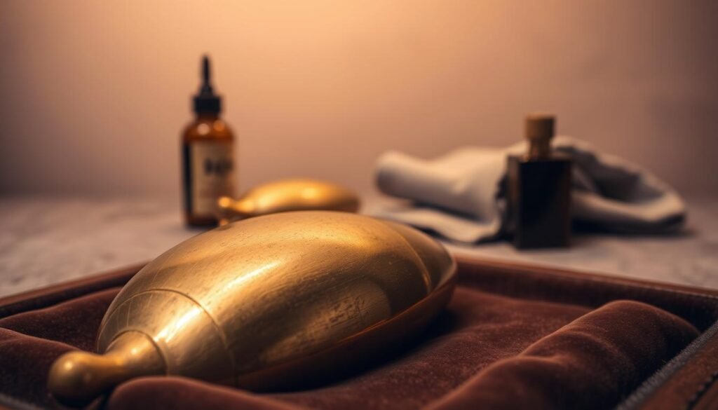 A brass object, its surface gleaming under soft, warm lighting, rests on a velvet-lined display. The foreground captures the intricate details, from the gentle curves to the subtle patina, inviting viewers to appreciate the craftsmanship. In the middle ground, a polishing cloth and a small brass-cleaning solution bottle suggest the tools required for regular maintenance. The background is a harmonious blend of muted tones, creating a serene and contemplative atmosphere, emphasizing the importance of preserving the brass's timeless beauty. The composition is captured with a shallow depth of field, drawing the eye to the focal point and highlighting the object's tactile quality.