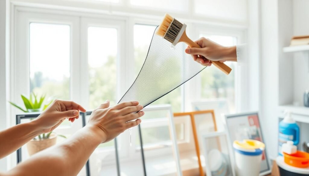 A bright, airy scene showcasing the process of cleaning different types of window screens. In the foreground, a person meticulously scrubbing a removable screen using a soft-bristled brush and mild detergent solution, emphasizing the importance of gentle cleaning. In the middle ground, an array of screens in various materials - metal, fiberglass, and vinyl - awaiting their turn for a thorough cleaning. The background depicts a well-lit, organized workspace, with cleaning supplies and a freshly cleaned window providing a clear, unobstructed view. The lighting is natural and diffused, creating a sense of cleanliness and efficiency. The overall mood is one of attention to detail and a desire for a spotless, crystal-clear result. A bright, airy scene showcasing the process of cleaning different types of window screens. In the foreground, a person meticulously scrubbing a removable screen using a soft-bristled brush and mild detergent solution, emphasizing the importance of gentle cleaning. In the middle ground, an array of screens in various materials - metal, fiberglass, and vinyl - awaiting their turn for a thorough cleaning. The background depicts a well-lit, organized workspace, with cleaning supplies and a freshly cleaned window providing a clear, unobstructed view. The lighting is natural and diffused, creating a sense of cleanliness and efficiency. The overall mood is one of attention to detail and a desire for a spotless, crystal-clear result.