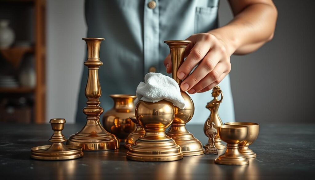 A bright and well-lit studio scene featuring a person's hands gently polishing a collection of brass items, such as a candlestick, a vase, and a small figurine. The brass surfaces reflect the light, creating a warm and lustrous glow. The background is blurred, allowing the focus to remain on the hands and the brass objects. The lighting is soft and even, creating natural shadows that accentuate the textures and details of the brass. The overall mood is one of care, attention, and a sense of craftsmanship.