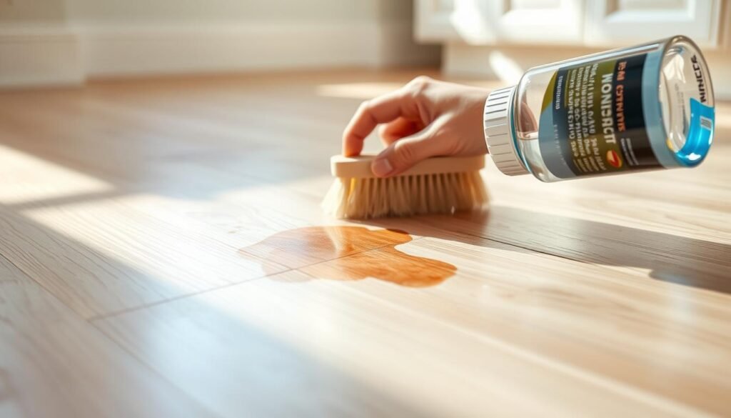 A bright and well-lit vinyl plank flooring surface, showcasing a section with a visible stain. In the foreground, a hand is gently scrubbing the stain using a soft-bristled brush and a specialized vinyl floor cleaner. The lighting is natural, creating a warm and inviting atmosphere. The camera angle is slightly low, capturing the cleaning process from an eye-level perspective. The background is blurred, keeping the focus on the detailed cleaning action taking place on the vinyl planks.