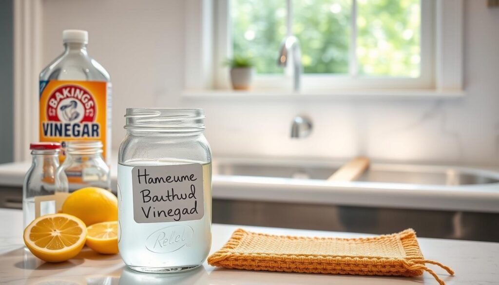 A bright, well-lit kitchen counter with an assortment of natural cleaning ingredients - baking soda, vinegar, lemon slices, and a natural fiber scrubbing sponge. In the foreground, a mason jar filled with a homemade cleaning solution, its label handwritten. The middle ground features a stainless steel bathtub, its surface glistening as if freshly cleaned. The background showcases a window with lush greenery outside, illuminating the space with soft, natural lighting. The overall scene conveys a sense of simplicity, eco-friendliness, and a DIY approach to bathtub cleaning.
