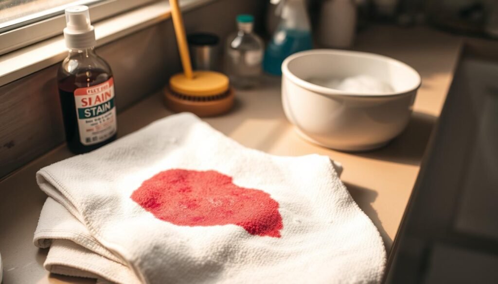 A brightly lit bathroom countertop, with various cleaning supplies arranged neatly - a bottle of stain remover, a scrub brush, and a small bowl of soapy water. In the foreground, a stubborn red wine stain on a white towel, the focus of attention. Soft, warm lighting casts subtle shadows, creating a sense of depth and focus on the stain-removal task at hand. The overall mood is one of diligence and problem-solving, with a sense of determination to tackle the challenge effectively.