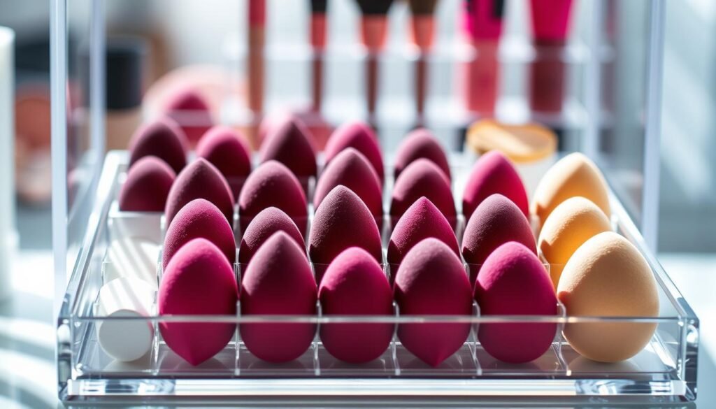 A brightly lit, close-up view of an elegantly designed makeup sponge storage solution. The foreground features an array of high-quality makeup sponges neatly organized in a sleek, minimalist acrylic or glass display case. The sponges are presented in a visually appealing manner, with each one visible and easily accessible. The middle ground showcases the storage unit itself, with a clean, modern aesthetic that complements the sponges. The background is softly blurred, creating a sense of depth and focus on the main subject. The overall scene conveys a sense of order, organization, and a well-curated approach to caring for one's makeup sponges between uses.