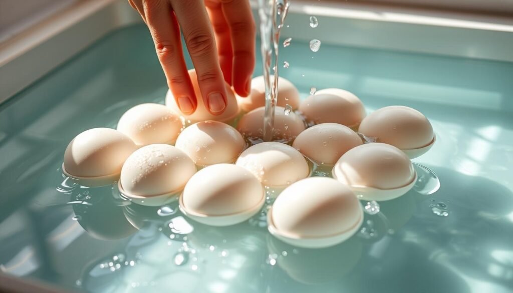 A brightly lit kitchen counter, the surface glistening with crystal-clear water. Resting atop the counter, a dozen fresh chicken eggs, their shells gently washed under a steady stream, beads of water cascading down their smooth, pale surfaces. Hands, delicate yet purposeful, guide the eggs through the cleansing process, ensuring each one is thoroughly rinsed, ready for the next step in their journey. The air is crisp and clean, the atmosphere serene, inviting the viewer to experience the simple pleasure of preparing nature's perfect creation - the humble, yet extraordinary, fresh egg.