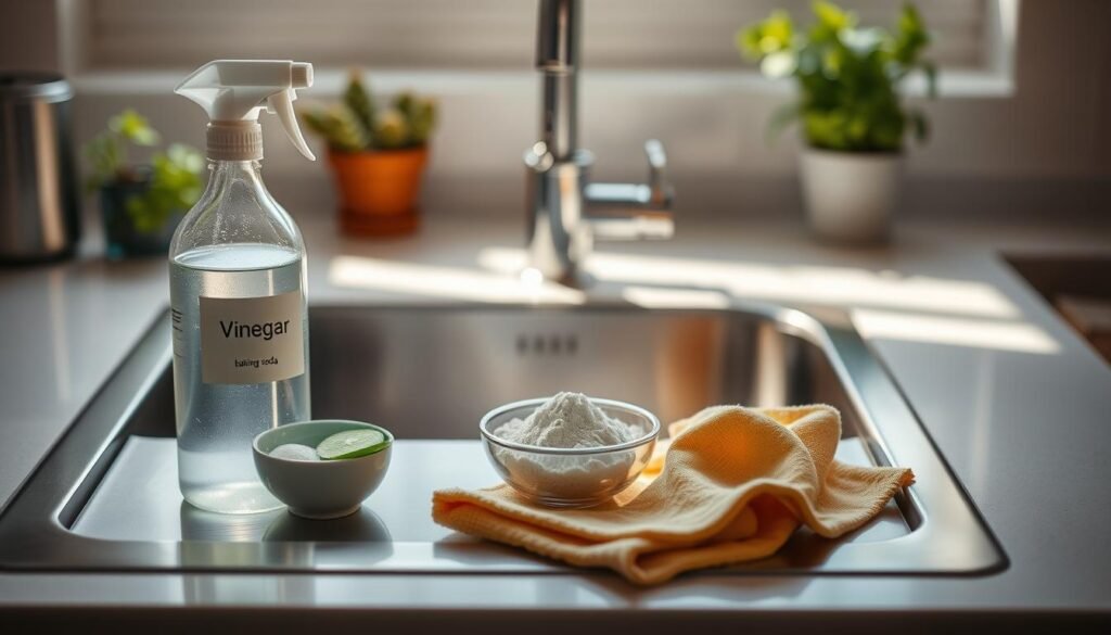 A brightly lit kitchen counter with a stainless steel sink in the center. On the counter, an array of homemade cleaning products are neatly arranged: a spray bottle filled with a vinegar-based solution, a bowl of baking soda, a sponge, and a soft cloth. The lighting casts a warm, natural glow, highlighting the shine and reflection of the sink's surface. In the background, a few plants or herbs add a fresh, organic touch to the scene. The overall atmosphere is one of cleanliness, simplicity, and an eco-friendly approach to maintaining a spotless stainless steel sink.