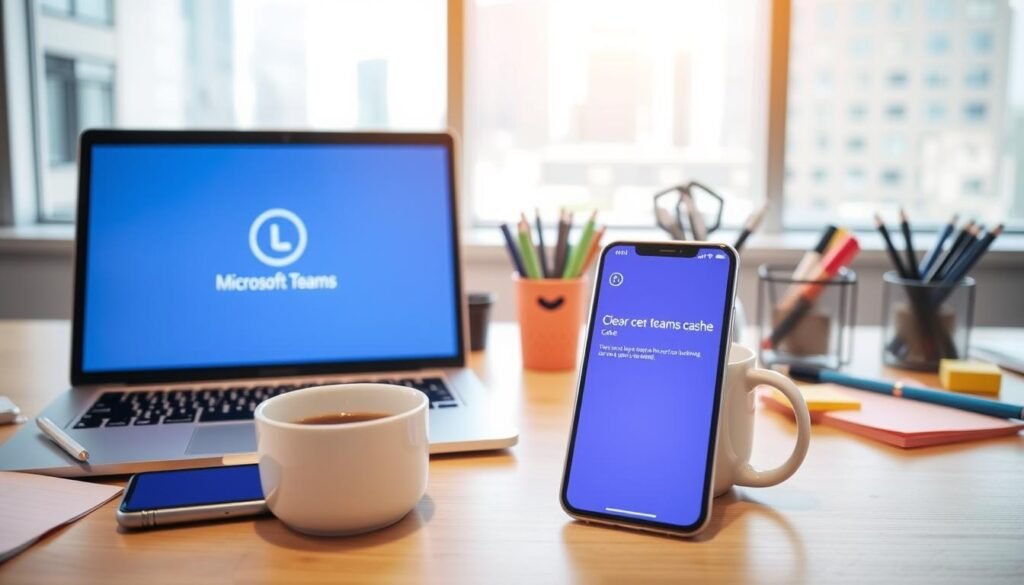A brightly lit office desk with a laptop, a smartphone, and a cup of coffee. In the foreground, the laptop screen displays a progress bar or loading spinner, signifying the clearing of the Microsoft Teams cache. The smartphone shows a notification or message about the cache clearing process. In the middle ground, office supplies like pens, sticky notes, and a desk organizer are visible, creating a sense of a productive workspace. The background features a window with a cityscape or indoor office setting, providing context. The overall atmosphere conveys a sense of anticipation and confidence in resolving any potential issues after the cache clearing.